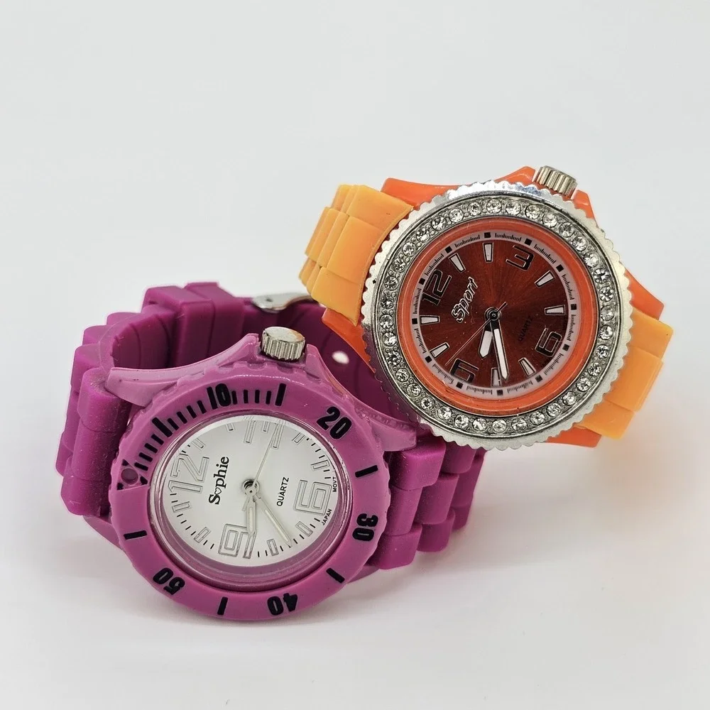 2X‎ 36MM Women's Watch White Orange Dial Purple Orange Plastic Bands New Battery